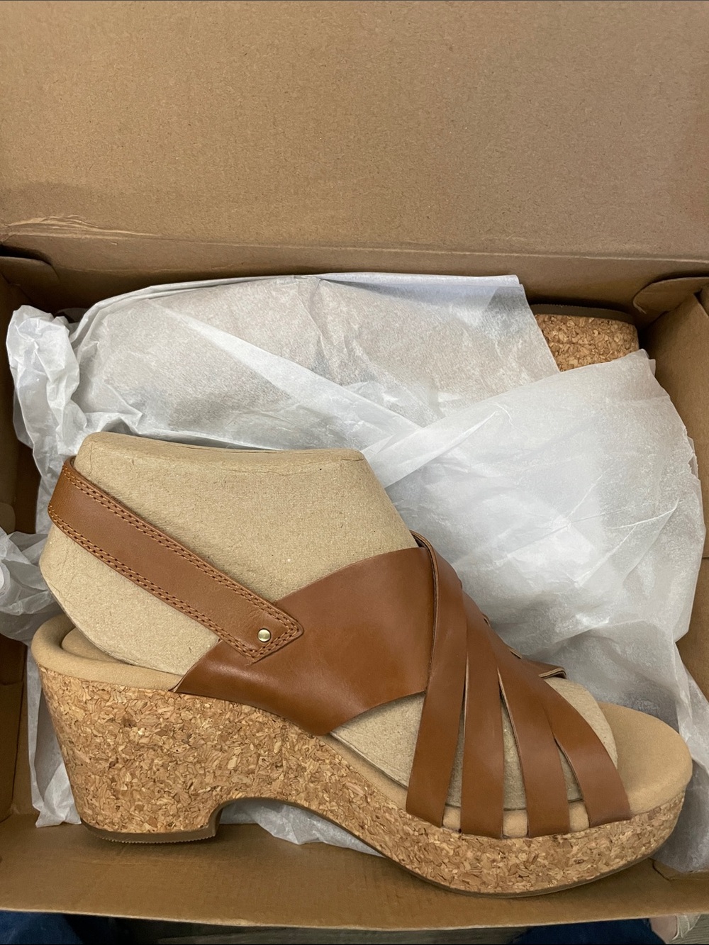 Clarks Tan Leather Cork Wedge Sandals